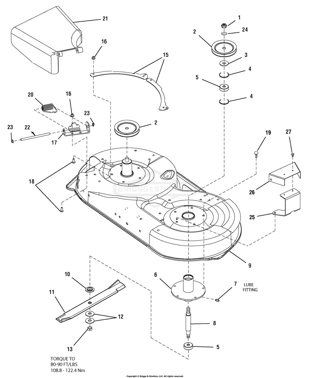 42-Inch Mower Deck - Housing, Arbors And Blades Group Diagram and Parts List for 2690514 (107277680)(2005) Briggs and Stratton Lawn Tractor